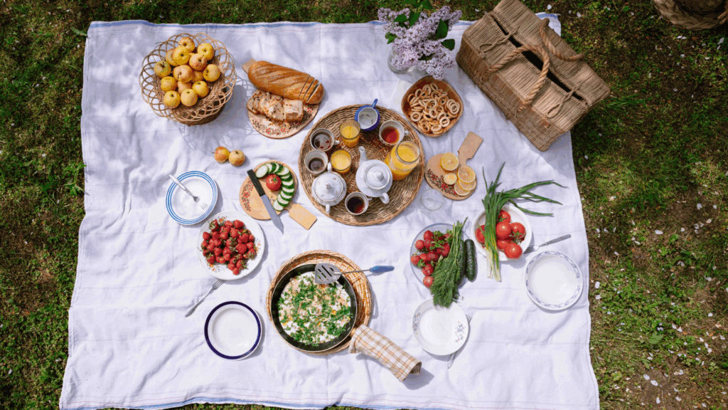 Picknik, Garten. Gemüse, Brot, Tee.