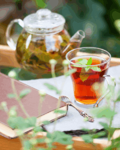 Holztisch, Buch, Kanne Tee, Pflanzen, Garten