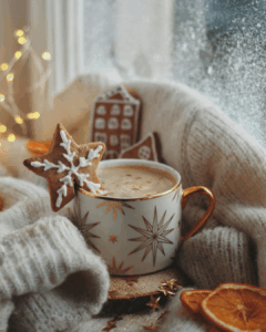 Verschneites Fenster, Tasse und Gebäck, Wollschal