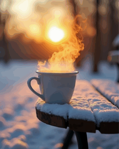 Dampfende Teetasse auf verschneiter Gartenbank