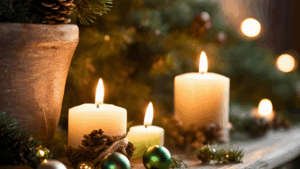 Kerzen auf Holzbank mit Tannengrün - Hero Bild